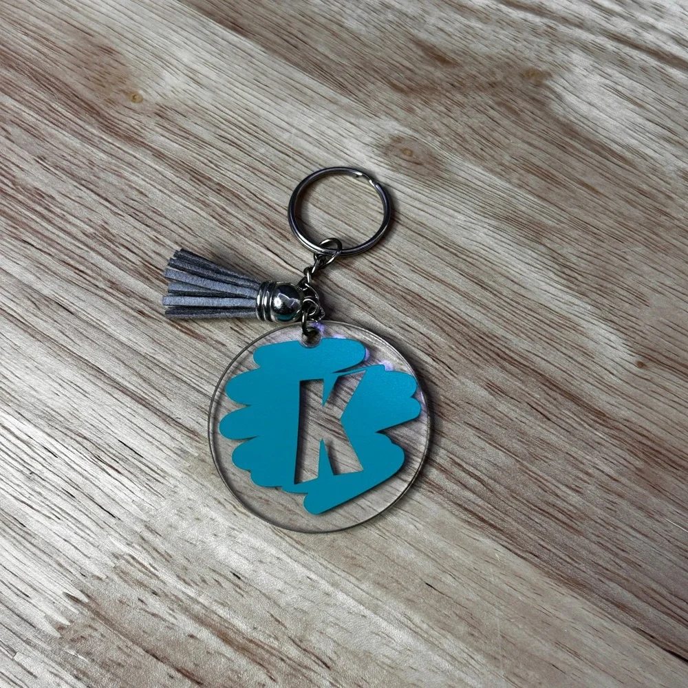 Teal Initial K Acrylic Keychain Round Monogram Charm Grey Tassel Silver Ring